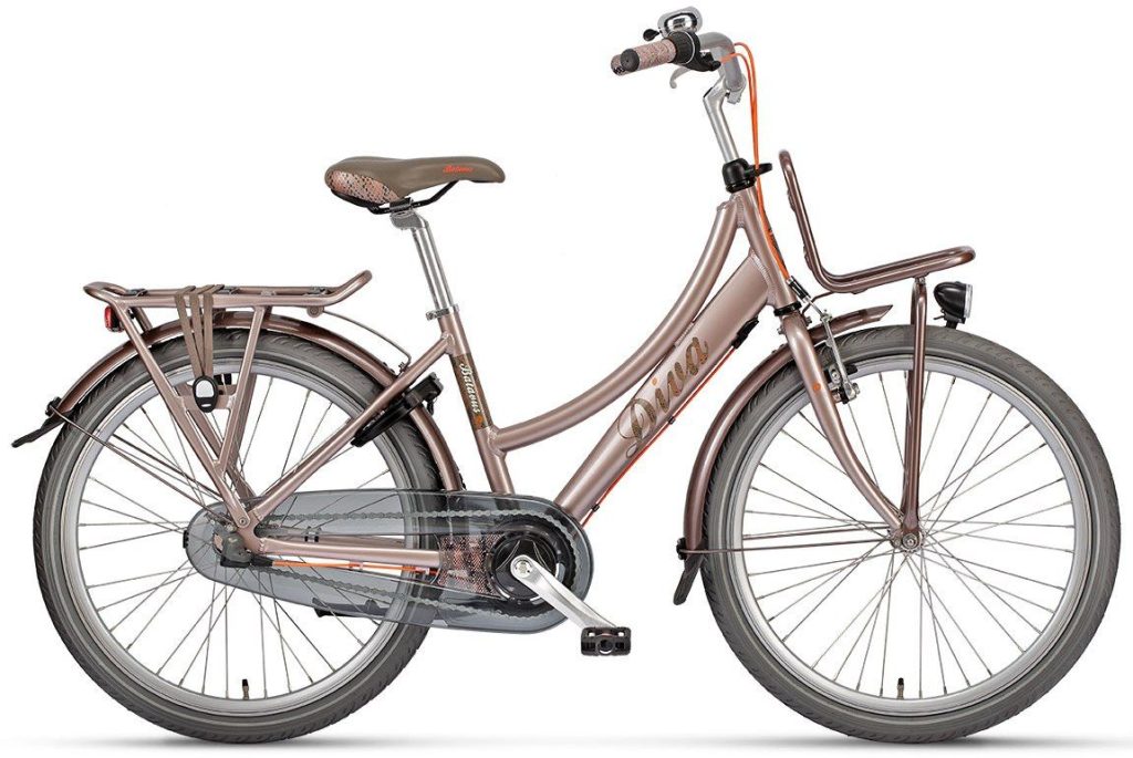 Roze damesfiets met bagagedrager en kettingkast voor verhuur op Ameland