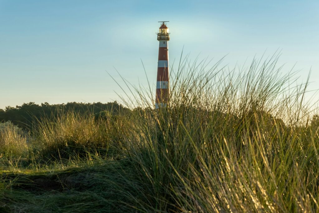 Vuurtoren van Ameland zichtbaar tussen de duingrassen tijdens fietstocht op het eiland